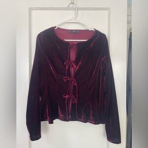 MANGO Velvet Tie-Front Long Sleeve Top - Deep Wine